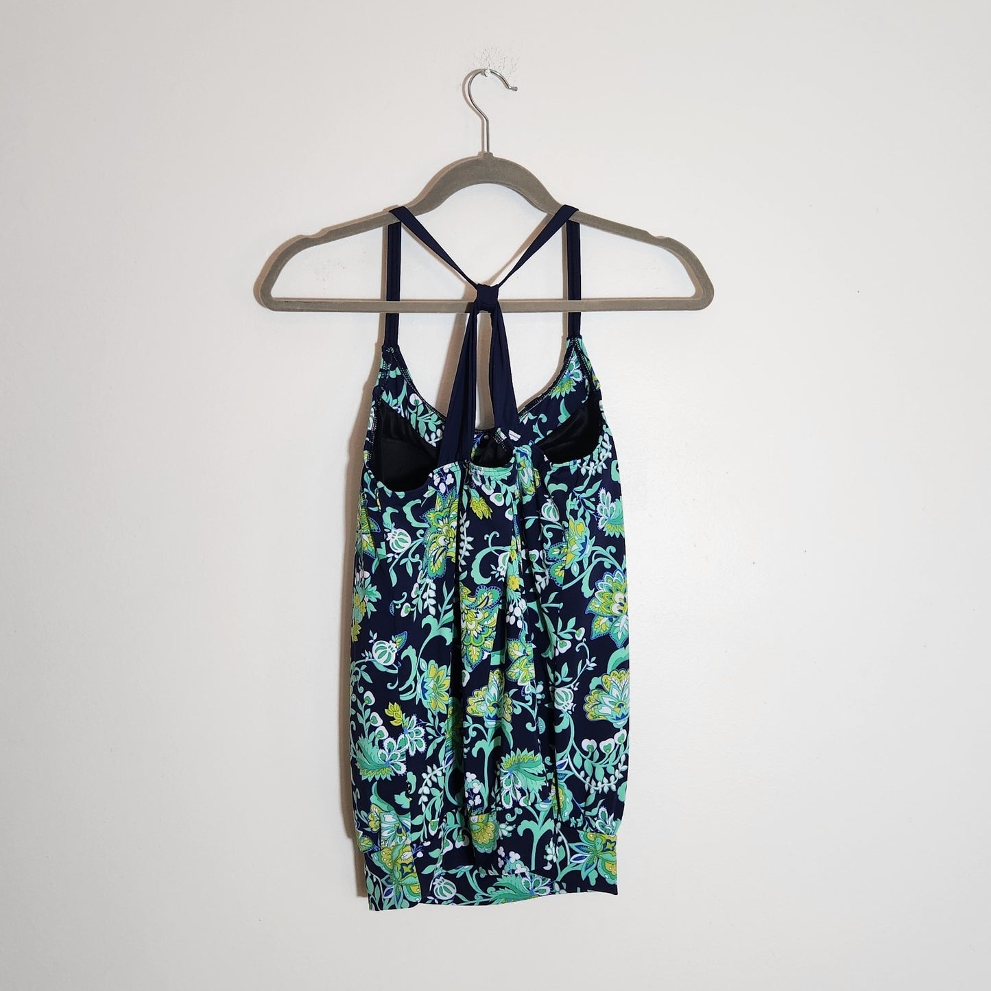 Lands' End Navy Blue and Green Floral Swimsuit Tankini Top Size 10