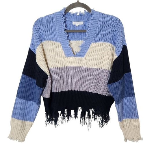 Coco + Jamieson Blue Striped Cropped Sweater with Frayed Hem Size Medium
