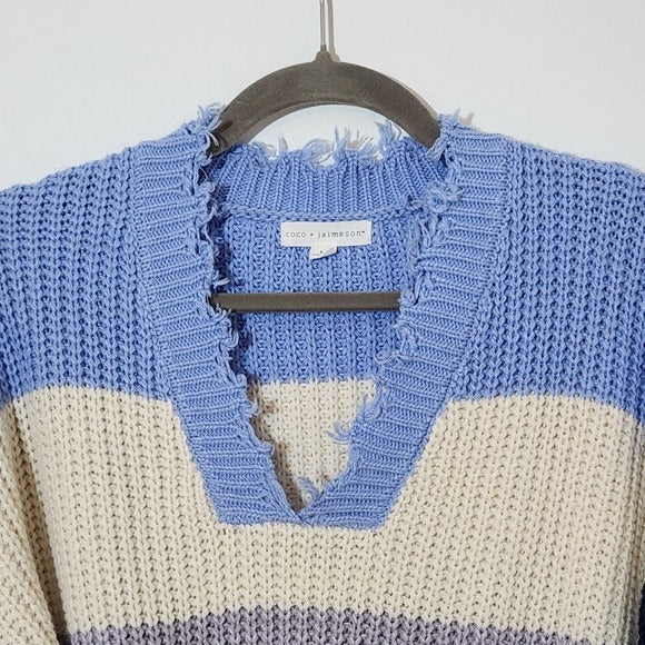 Coco + Jamieson Blue Striped Cropped Sweater with Frayed Hem Size Medium