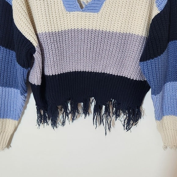 Coco + Jamieson Blue Striped Cropped Sweater with Frayed Hem Size Medium