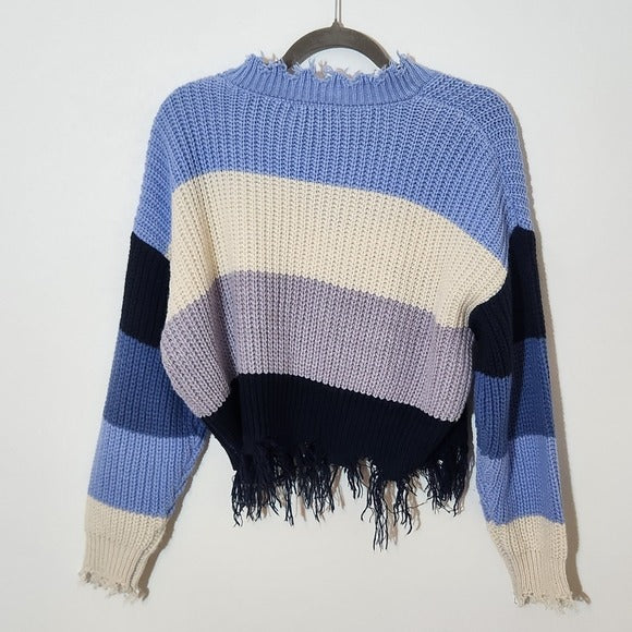 Coco + Jamieson Blue Striped Cropped Sweater with Frayed Hem Size Medium