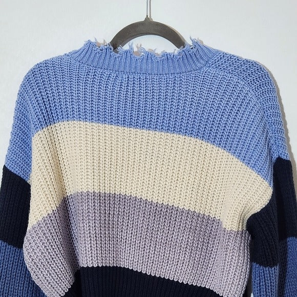 Coco + Jamieson Blue Striped Cropped Sweater with Frayed Hem Size Medium