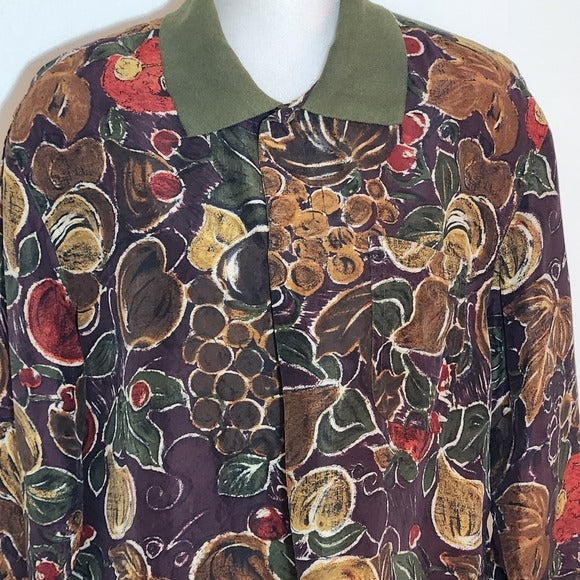 Kriss Kross Vintage Green and Purple Fruit Print Silk Blouse Size Medium