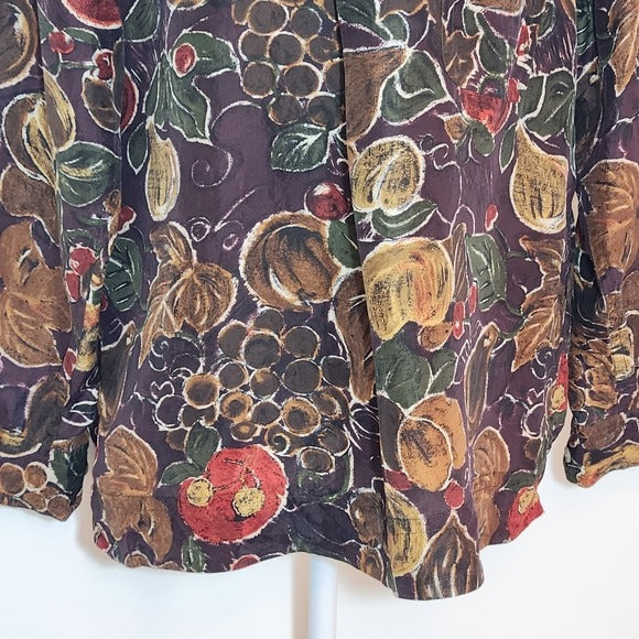 Kriss Kross Vintage Green and Purple Fruit Print Silk Blouse Size Medium