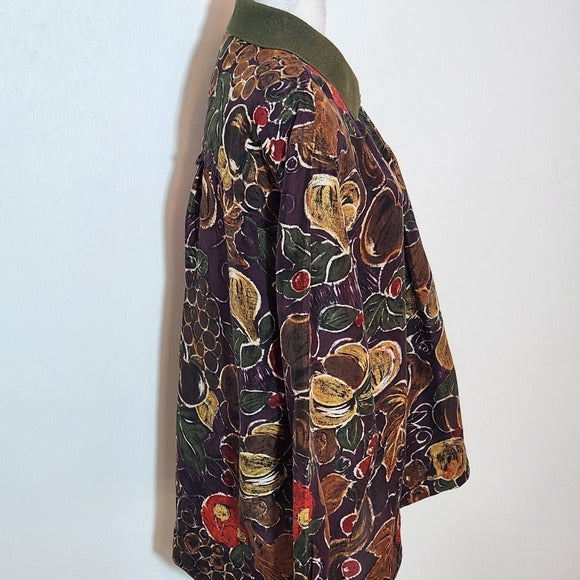 Kriss Kross Vintage Green and Purple Fruit Print Silk Blouse Size Medium