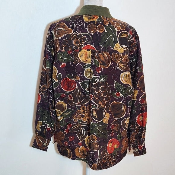 Kriss Kross Vintage Green and Purple Fruit Print Silk Blouse Size Medium