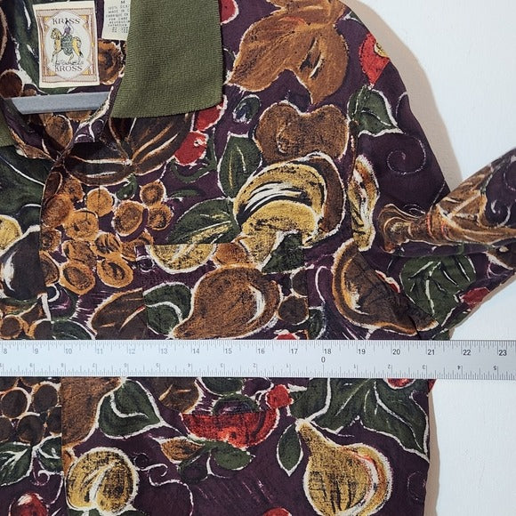 Kriss Kross Vintage Green and Purple Fruit Print Silk Blouse Size Medium