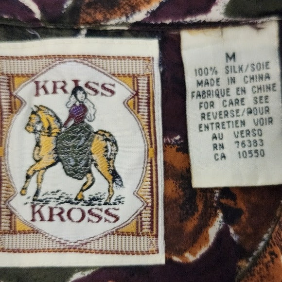 Kriss Kross Vintage Green and Purple Fruit Print Silk Blouse Size Medium