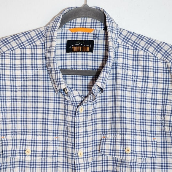 Orvis Trout Bum Blue and Orange Plaid Button Down Shirt Size XL