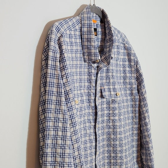 Orvis Trout Bum Blue and Orange Plaid Button Down Shirt Size XL