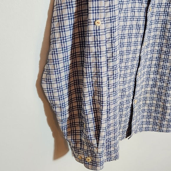 Orvis Trout Bum Blue and Orange Plaid Button Down Shirt Size XL