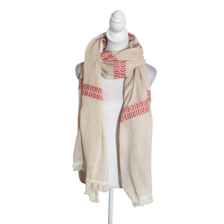 Beige and Coral Chevron Woven Fringe Scarf One Size