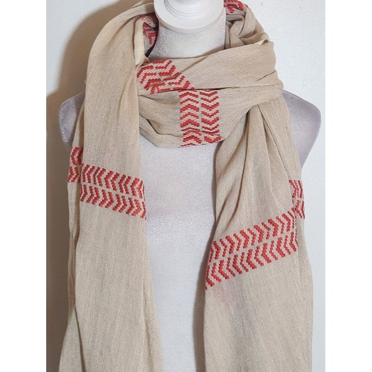 Beige and Coral Chevron Woven Fringe Scarf One Size