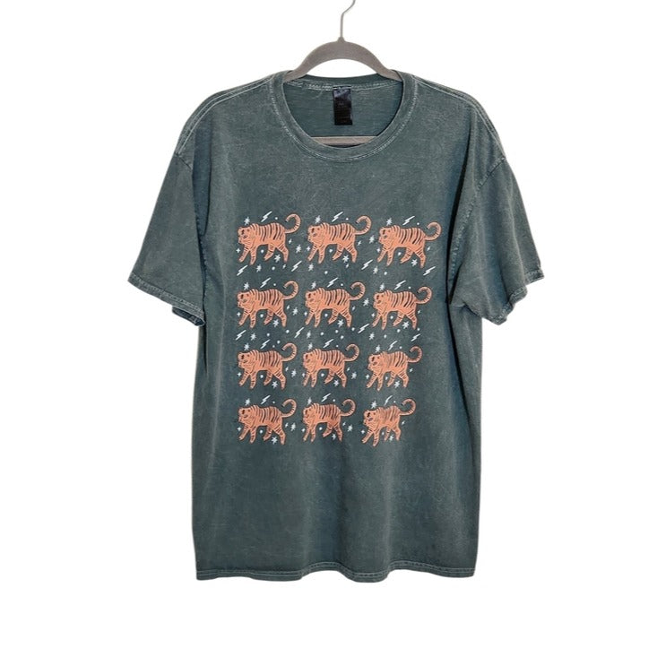 Sweet Claire Mineral Wash Green Tiger Print Shirt Size Large/XL