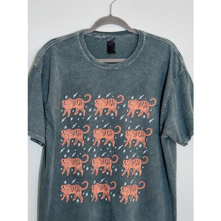 Sweet Claire Mineral Wash Green Tiger Print Shirt Size Large/XL