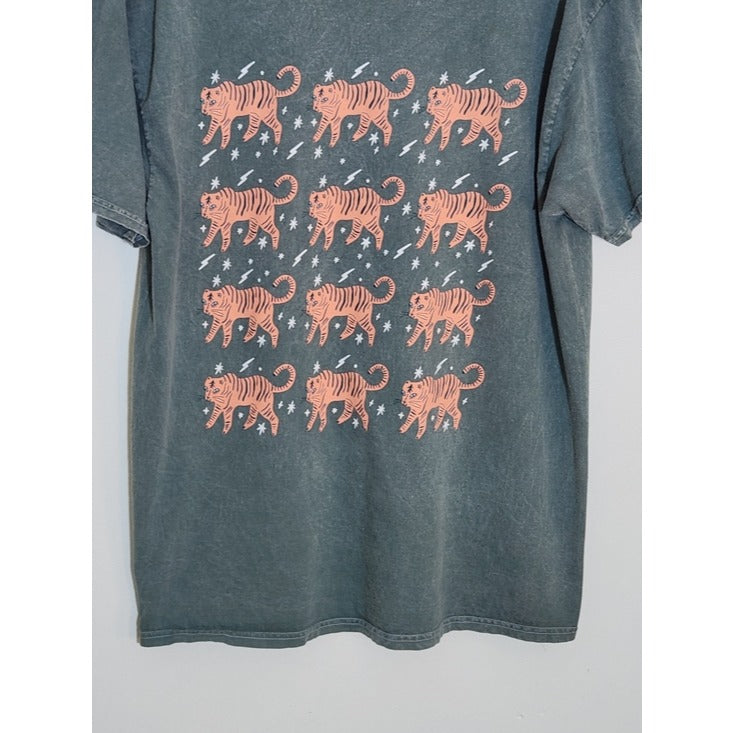Sweet Claire Mineral Wash Green Tiger Print Shirt Size Large/XL