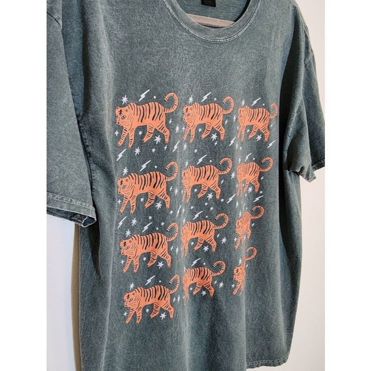 Sweet Claire Mineral Wash Green Tiger Print Shirt Size Large/XL