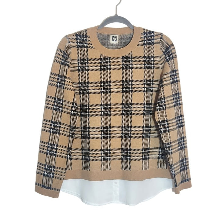 Anne Klein Camel and Black Plaid Sweater with Shirttail Hem Size Medium NWT