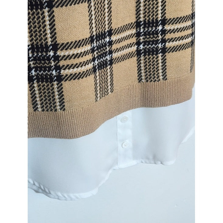 Anne Klein Camel and Black Plaid Sweater with Shirttail Hem Size Medium NWT