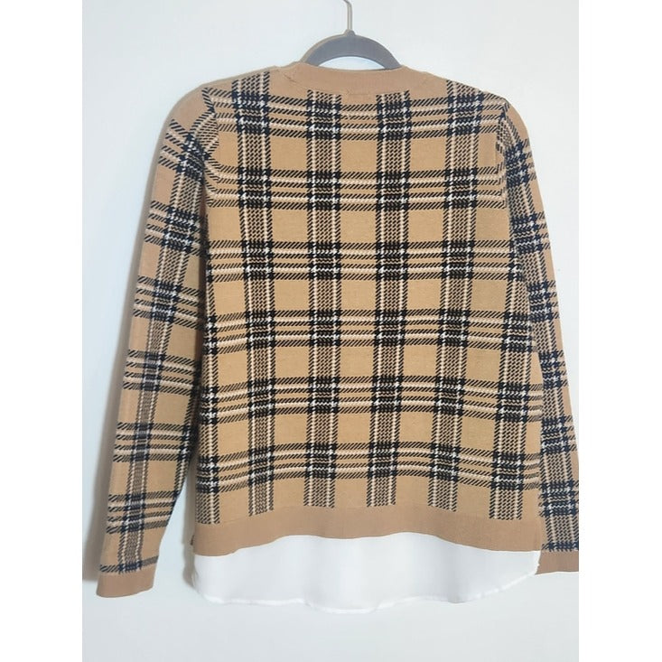 Anne Klein Camel and Black Plaid Sweater with Shirttail Hem Size Medium NWT