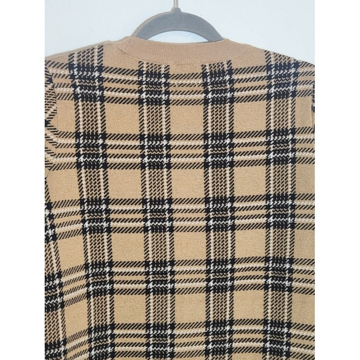 Anne Klein Camel and Black Plaid Sweater with Shirttail Hem Size Medium NWT