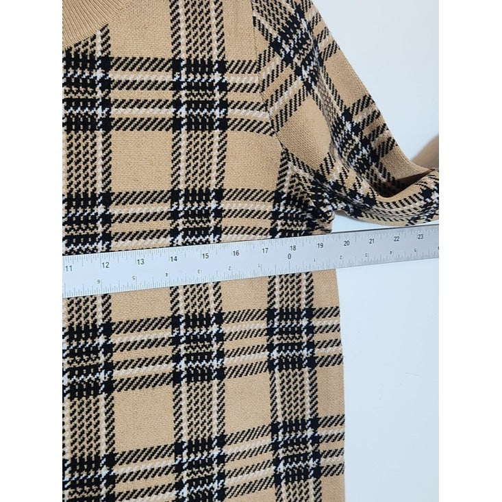 Anne Klein Camel and Black Plaid Sweater with Shirttail Hem Size Medium NWT
