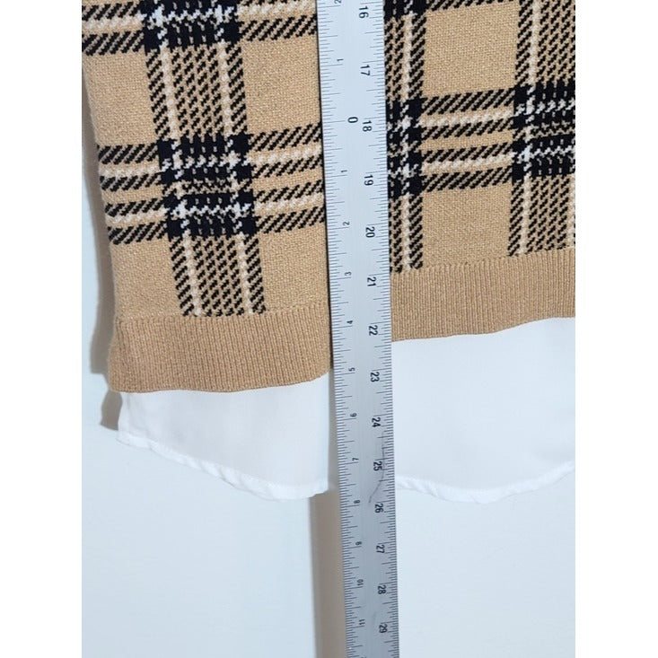 Anne Klein Camel and Black Plaid Sweater with Shirttail Hem Size Medium NWT
