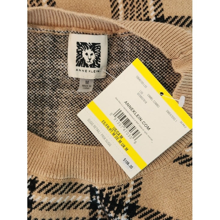 Anne Klein Camel and Black Plaid Sweater with Shirttail Hem Size Medium NWT