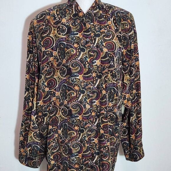 Jane Ashley Multi-Color Paisley Silk Button Down Blouse NWT Size Large