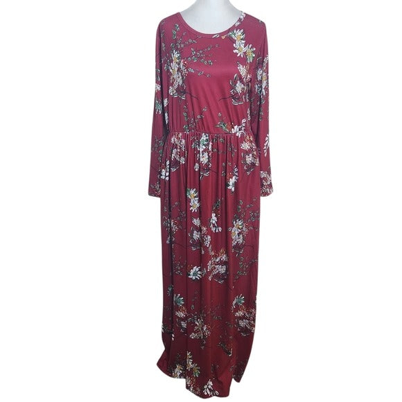 Zesica Long Sleeve Burgundy Floral Maxi Dress Size Large Wedding Guest Dress