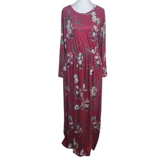 Zesica Long Sleeve Burgundy Floral Maxi Dress Size Large Wedding Guest Dress