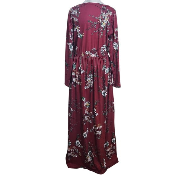 Zesica Long Sleeve Burgundy Floral Maxi Dress Size Large Wedding Guest Dress
