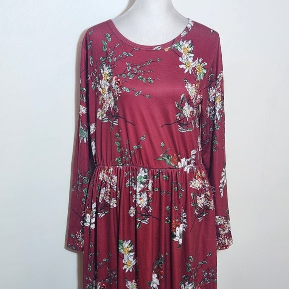 Zesica Long Sleeve Burgundy Floral Maxi Dress Size Large Wedding Guest Dress