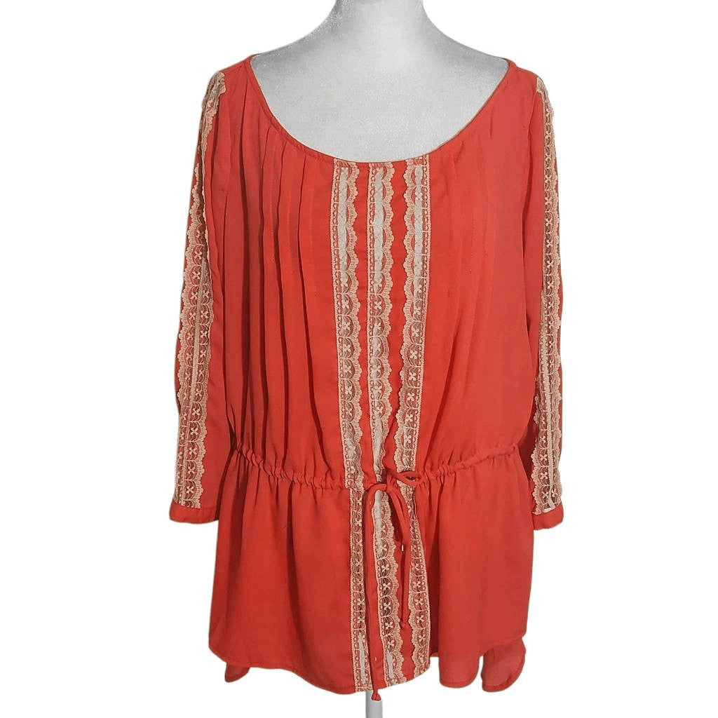 Gibson Latimer Red-Orange Pleated Blouse with Cream Lace Size Medium