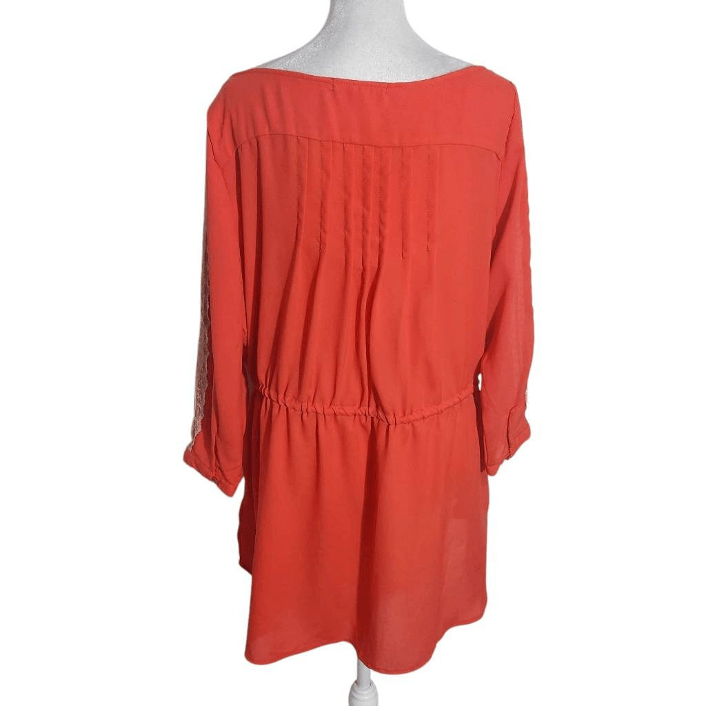 Gibson Latimer Red-Orange Pleated Blouse with Cream Lace Size Medium