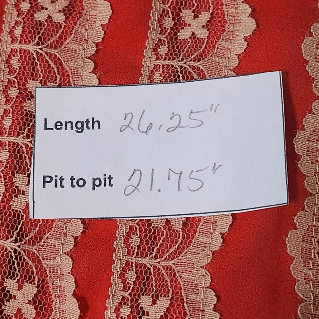 Gibson Latimer Red-Orange Pleated Blouse with Cream Lace Size Medium