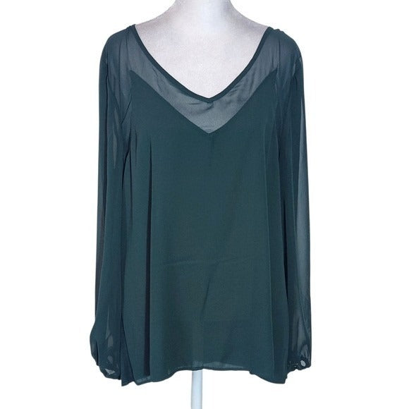 INC International Concepts Green Blouse with Full Sheer Sleeves NWT Size XL