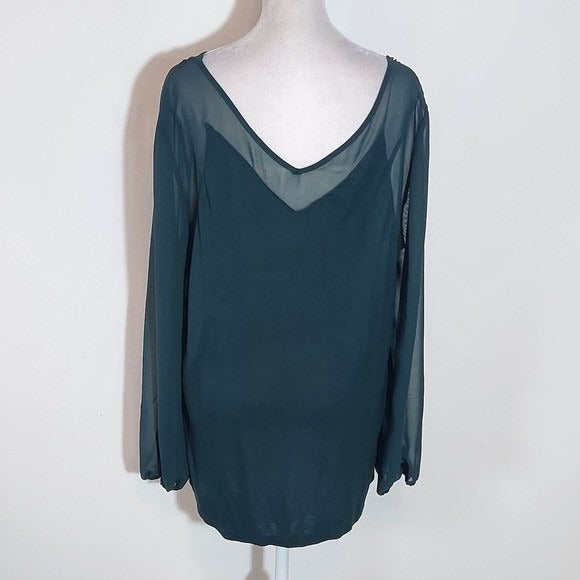 INC International Concepts Green Blouse with Full Sheer Sleeves NWT Size XL