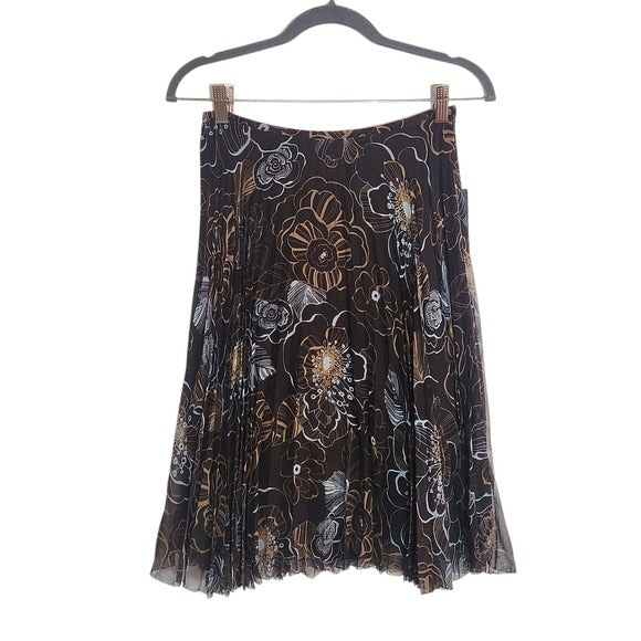 Isabella DeMarco Brown and Blue Floral Pleated Silk Skirt Size 2 NWT