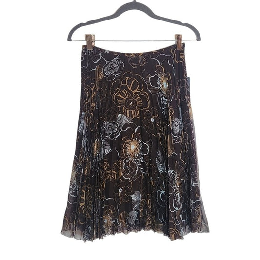 Isabella DeMarco Brown and Blue Floral Pleated Silk Skirt Size 2 NWT