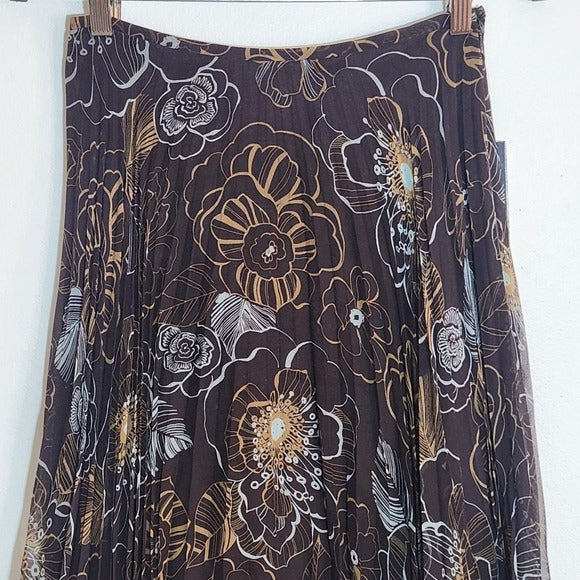 Isabella DeMarco Brown and Blue Floral Pleated Silk Skirt Size 2 NWT