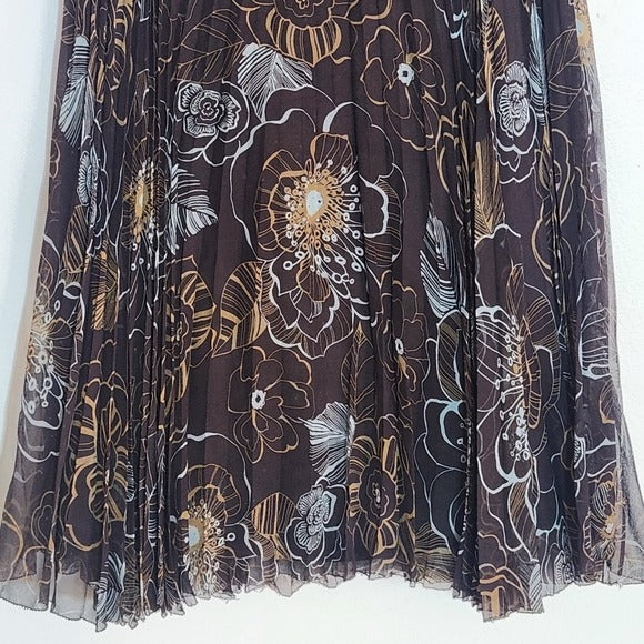Isabella DeMarco Brown and Blue Floral Pleated Silk Skirt Size 2 NWT