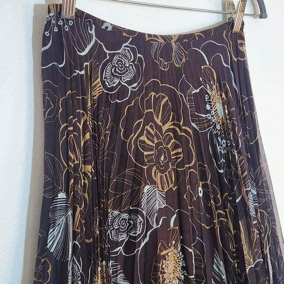 Isabella DeMarco Brown and Blue Floral Pleated Silk Skirt Size 2 NWT