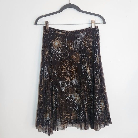 Isabella DeMarco Brown and Blue Floral Pleated Silk Skirt Size 2 NWT