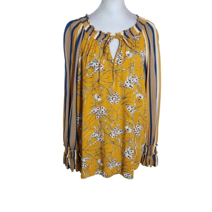 Gigio Mustard Yellow Boho Peasant Blouse Floral and Stripe Print Size Large