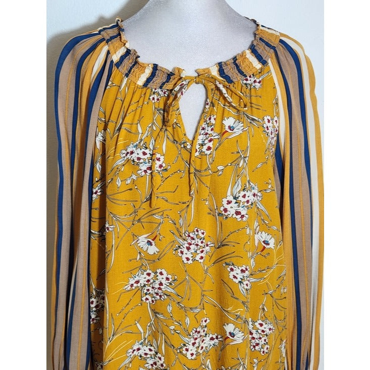 Gigio Mustard Yellow Boho Peasant Blouse Floral and Stripe Print Size Large