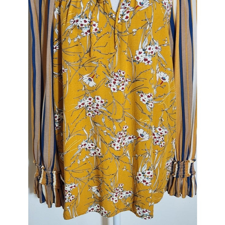 Gigio Mustard Yellow Boho Peasant Blouse Floral and Stripe Print Size Large