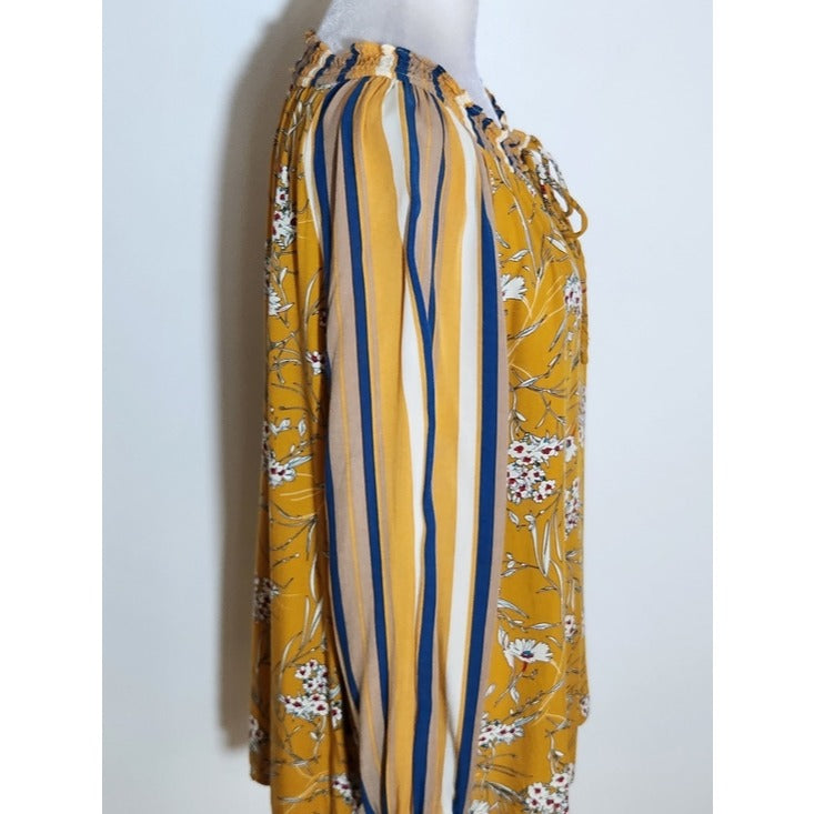 Gigio Mustard Yellow Boho Peasant Blouse Floral and Stripe Print Size Large