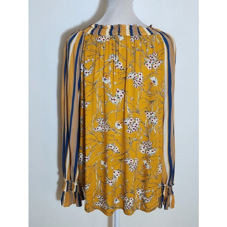 Gigio Mustard Yellow Boho Peasant Blouse Floral and Stripe Print Size Large