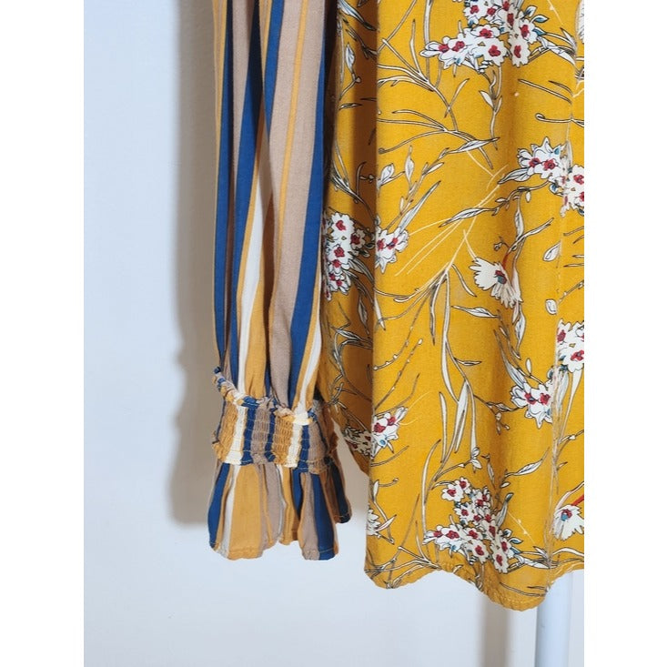 Gigio Mustard Yellow Boho Peasant Blouse Floral and Stripe Print Size Large